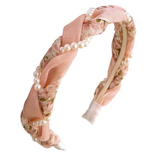 S.A.V.I Peach Floral Braided Fabric Headband with Pearls for Women & Girls | Soft Satin Twist Wide Hairband | Stylish Accessory for Parties, Festive & Daily