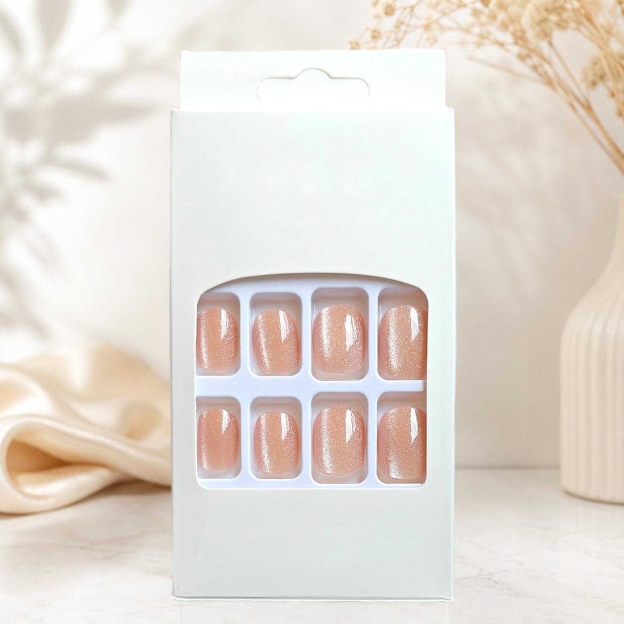 S.A.V.I Press on Nails Short Square Peach Champagne Shimmer 24 Pcs