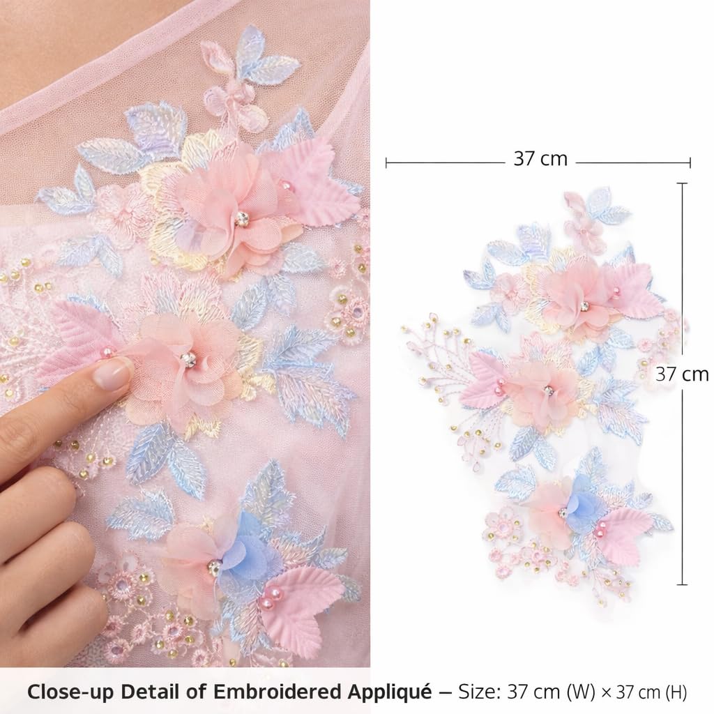 S.A.V.I Pastel Pink & Blue 3D Floral Embroidered Sew-On Appliqué Patch 37x37 cm, Net Fabric with Pearl & Bead Work for Kurti, Gown, Saree & Blouse Decoration (Left)
