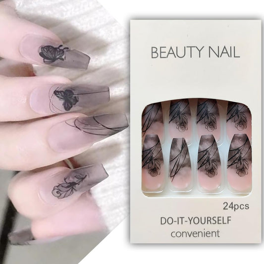 S.A.V.I Black Rose Butterfly Nail Art - 24 PCs DIY Fake Nails