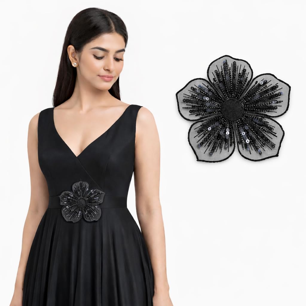 S.A.V.I Black Floral Embroidered Sew-On Appliqué Patch 15 x 15 cm | Handcrafted Sequin & Bead Mesh Fabric | Decoration for Dress, Gown, Blouse & DIY Crafts (Black)