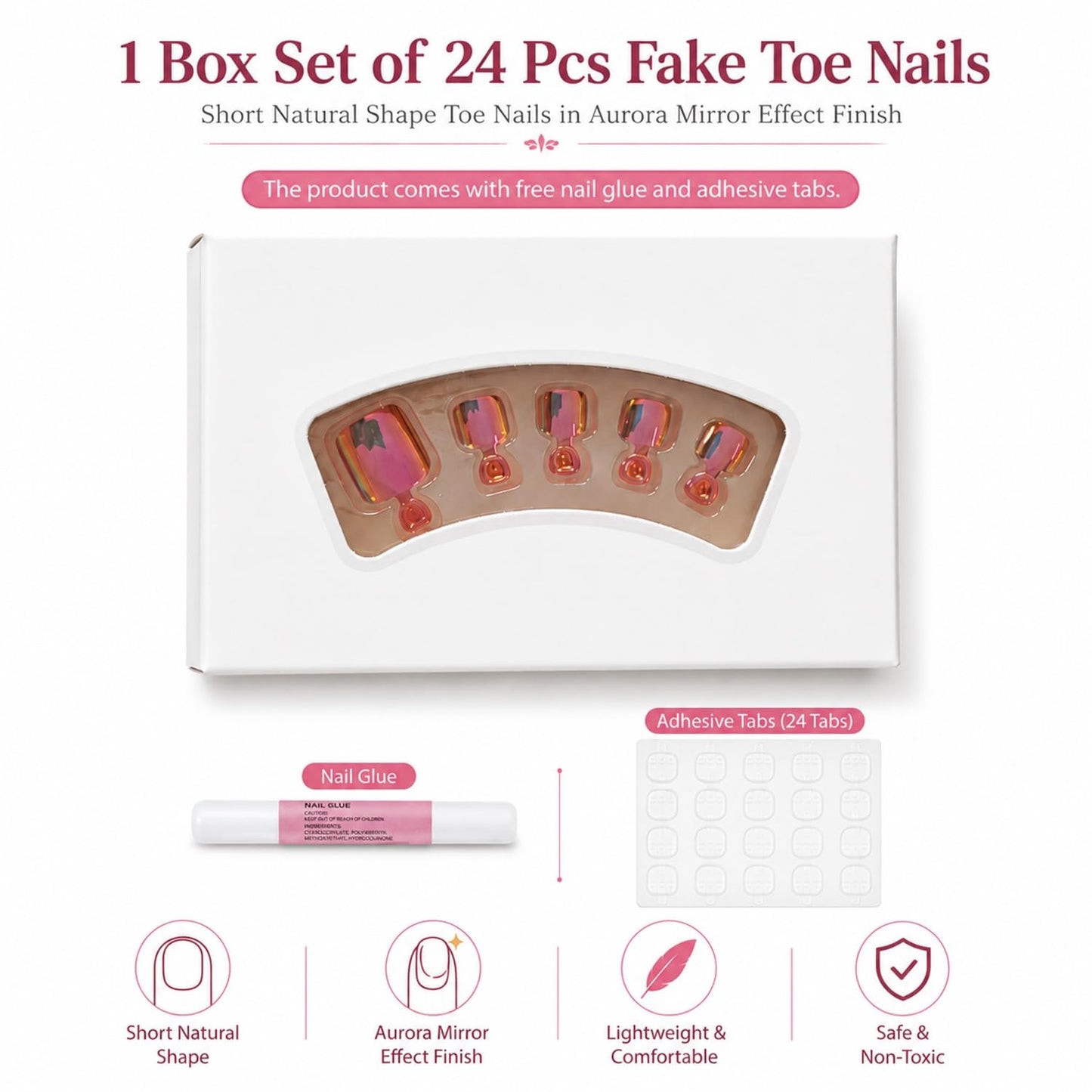 S.A.V.I Press on Toe Nails 24 Pcs Pink Aurora Mirror Finish | Short Natural Shape, Chrome Finish, Reusable with Glue & Adhesive Tabs, Lightweight, Non-Toxic for Women