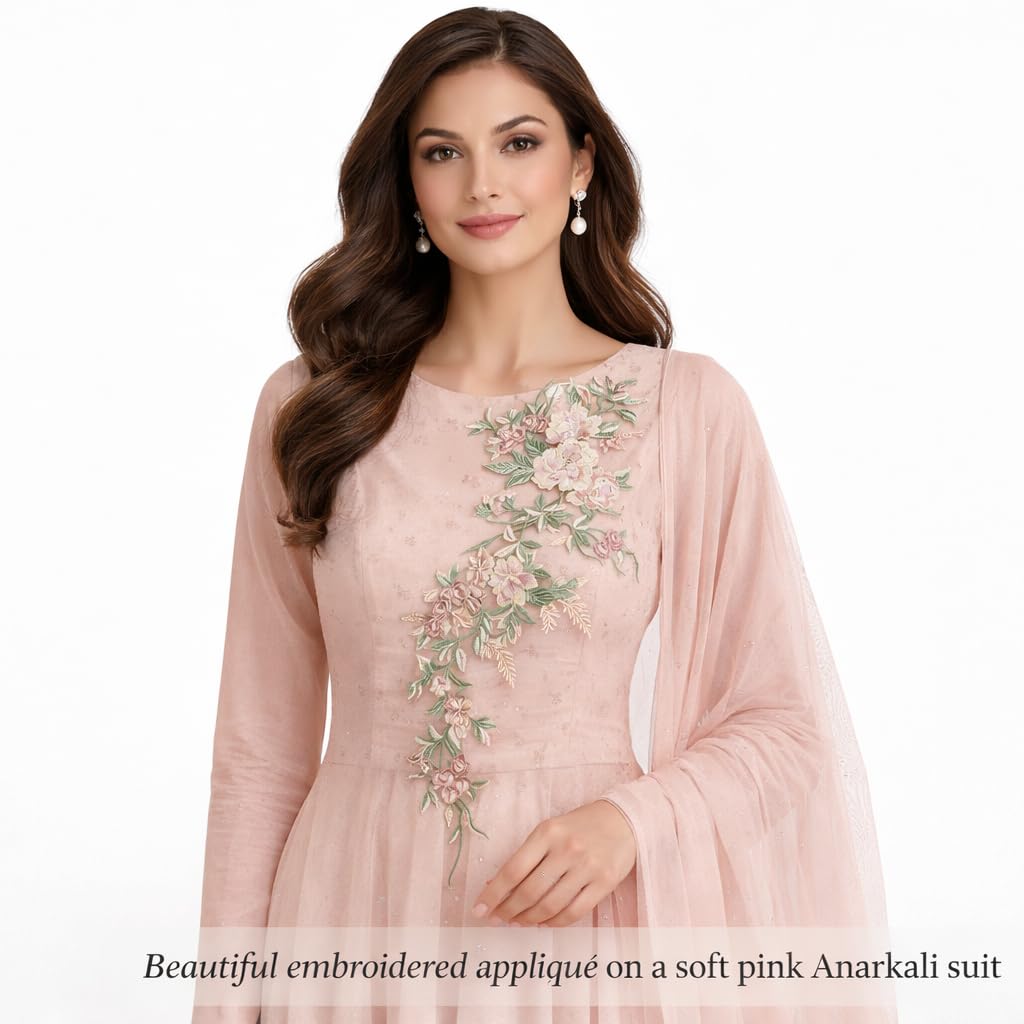 S.A.V.I Soft Blush Pink & Pastel Green Floral Embroidered Sew On Appliqué Patch 21 x 50 cm | Net Thread Work | Vertical Vine Design for Bridal Gowns, Sarees & Evening (Green)