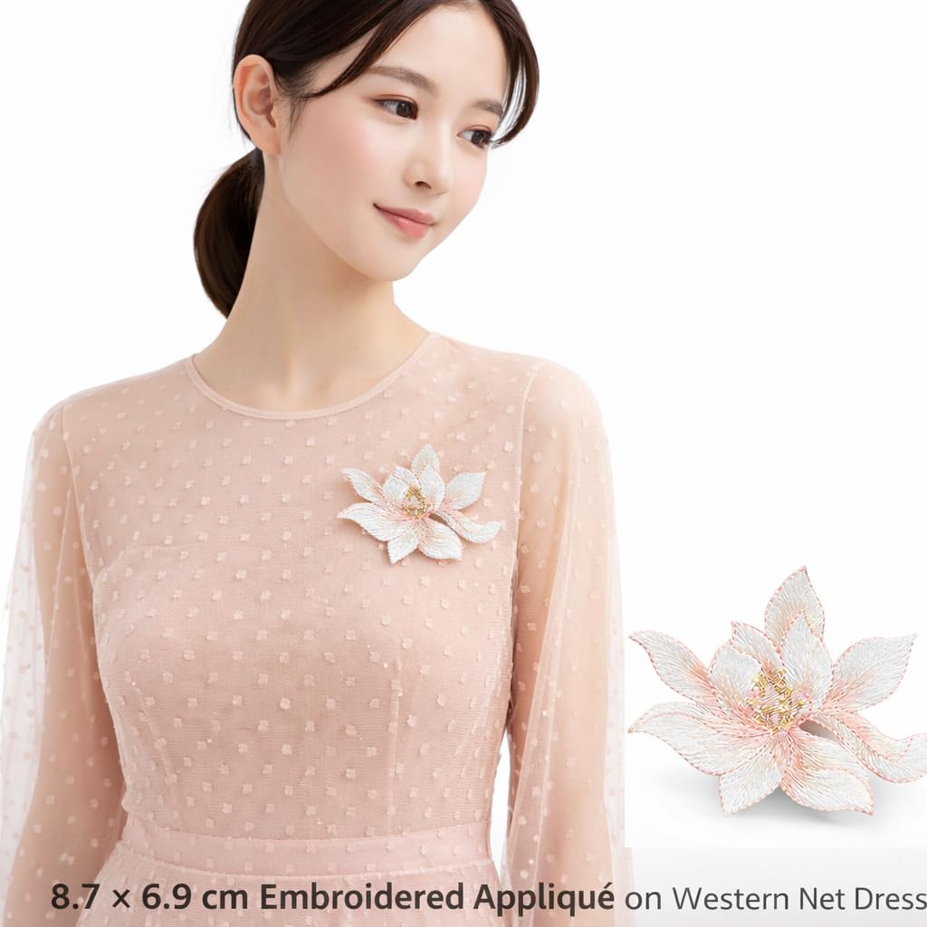 S.A.V.I Peach Lotus Flower Iron-On Embroidered Appliqué Patch 8.7 x 6.9 cm | Premium Fabric Floral Motif for Dresses, Kurtis, Sarees, Blouses & DIY Garment Decoration (Peach)