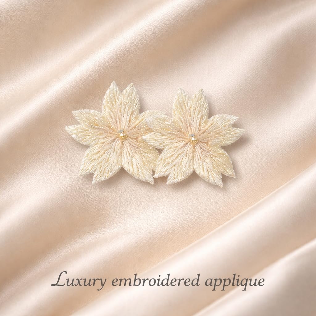 S.A.V.I Beige Floral Embroidered Iron-On Appliqué Patch, Double Cherry Blossom Design, Soft Thread Work for Dresses, Blouses, Lehengas & DIY Crafts, 5.3 x 3.3 cm (Beige)