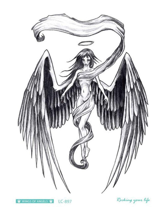 S.A.V.I Temporary Tattoo For Girls Men Women 3D Big Angel With Wings Face Sticker Size 21x15cm - 1pc. (897), Black