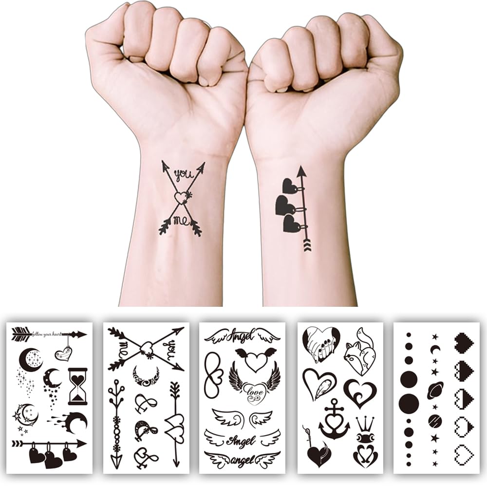 S.A.V.I 5 Sheet Black Temporary Tattoos for Women & Girls – Cute Small Heart, Angel Wings, Love Designs – Waterproof, Non-Toxic Skin Stickers for Hand, Wrist, Arm – 10.5x6cm (56)