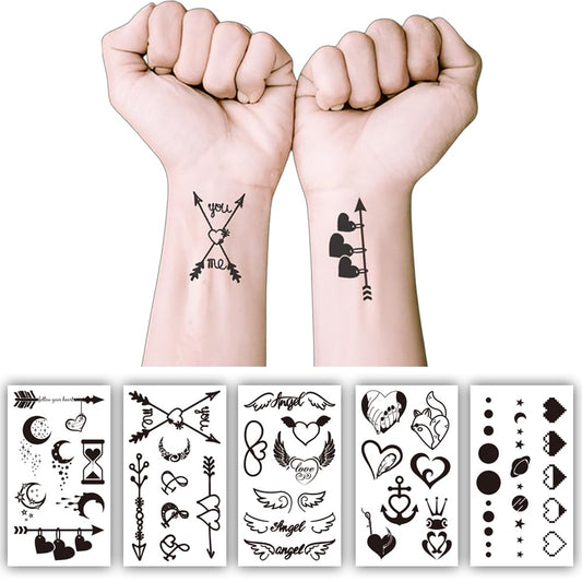 S.A.V.I 5 Sheet Black Temporary Tattoos for Women & Girls – Cute Small Heart, Angel Wings, Love Designs – Waterproof, Non-Toxic Skin Stickers for Hand, Wrist, Arm – 10.5x6cm (56)