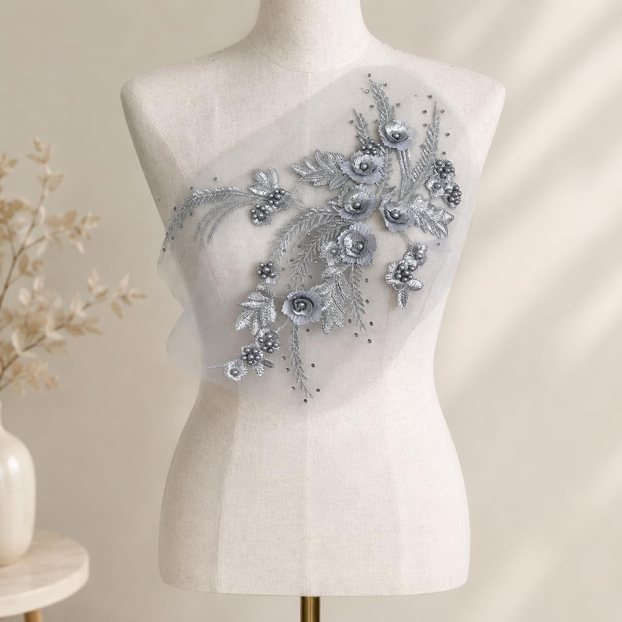 S.A.V.I Floral Embroidery Patch with Pearls Grey Silver 34x25cm|Sew-On Applique, DIY Craft & Bridal, Premium Mesh Design, 1 Piece, For Saree Gown Kurti
