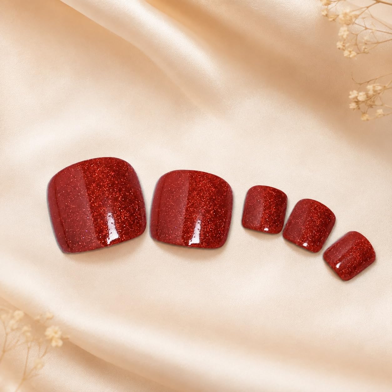 S.A.V.I Press on Toenails 24 Pcs Glittery Red Short Square Shape