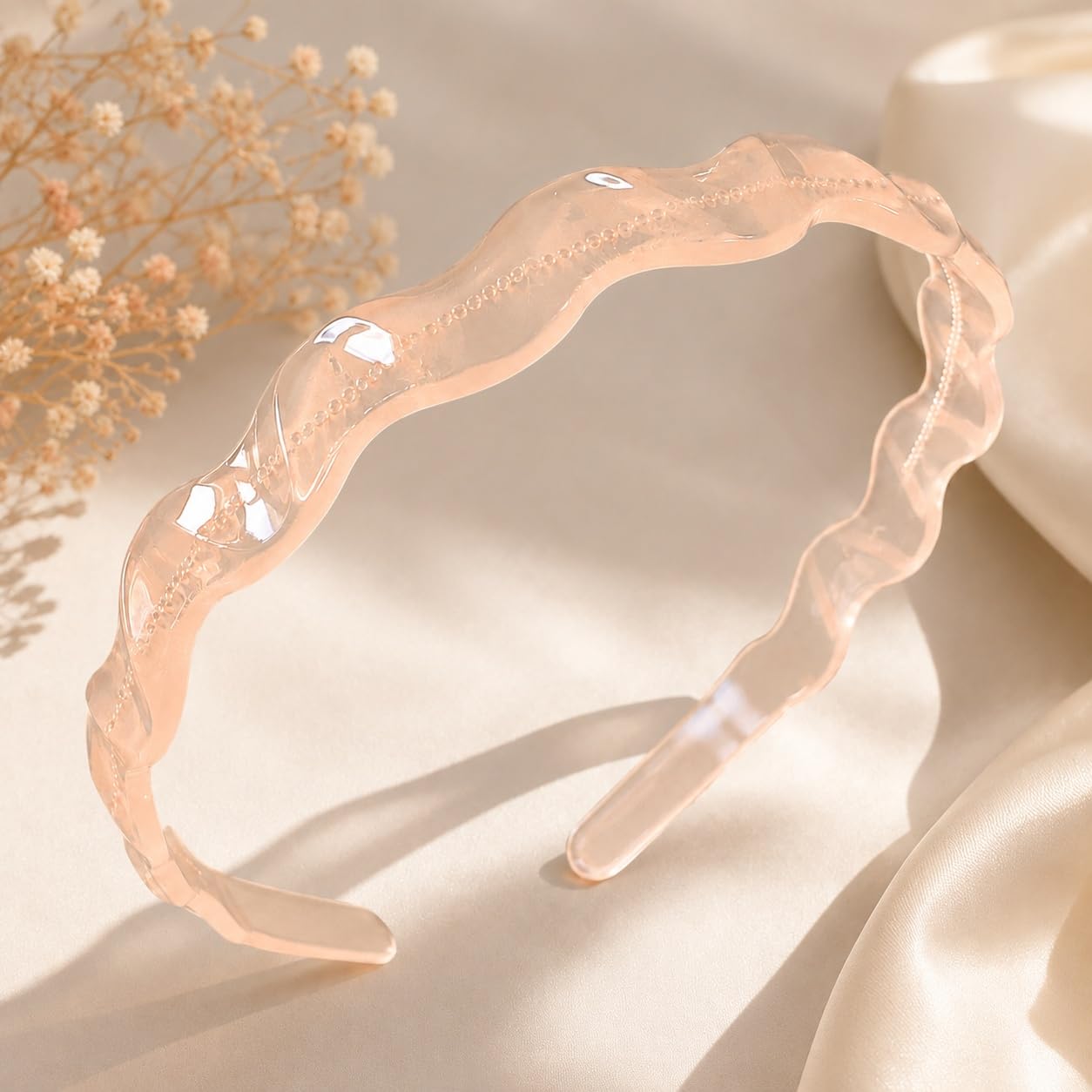 S.A.V.I Resin Wavy Headband for Women & Girls, Blush Peach | Translucent Hair Band, 14 cm, Lightweight, Casual & Formal Styling, Comfortable Fit