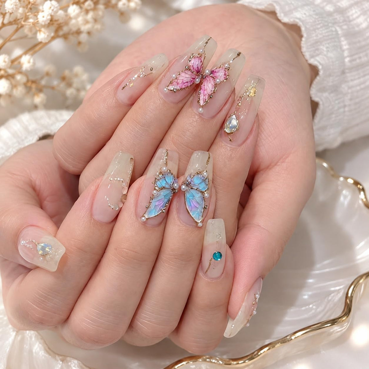S.A.V.I 3D Butterfly Nail Art Stickers Iridescent Holographic Decals | Set of 2 Sheets, 8 x 10 cm Each, Self Adhesive, Pink Blue Multicolour, Easy Peel and Stick