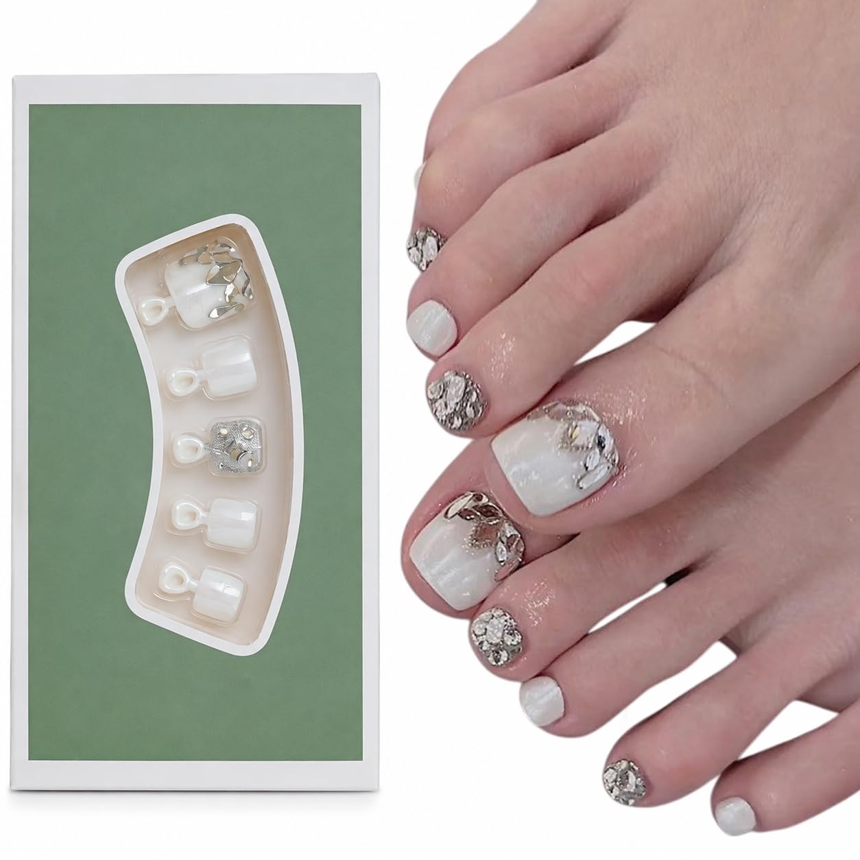 S.A.V.I Press on Toenails for Women 24 Pcs White Chrome Square