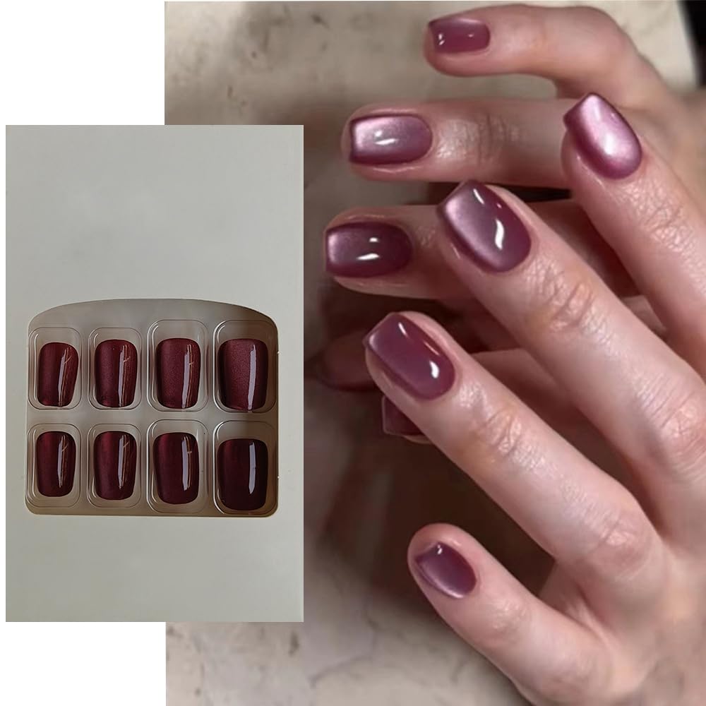 S.A.V.I 24 Pcs Cat's Eye Burgundy False Nails | Short Coffin Shape | Natural-Looking Reusable Press-On Nails | Easy DIY Manicure Kit for Women | Comfortable  Stylish Fake Nail Set