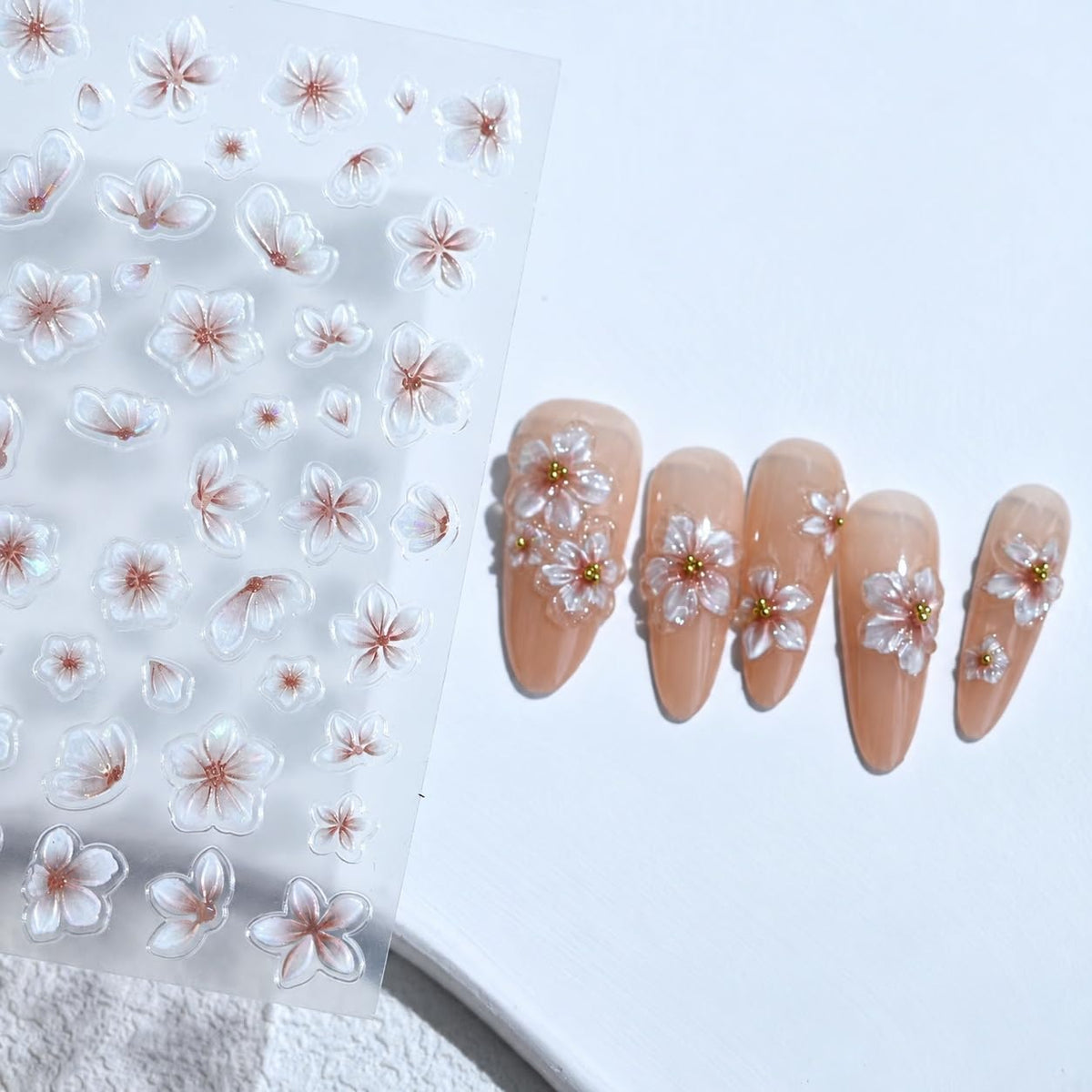 S.A.V.I 3D Nail Art Stickers Self Adhesive Floral Decals, Pack of 3 | Iridescent Pink & Pearl White, 7 x 9 cm, DIY Manicure, Women & Girls, Flower Embellishments