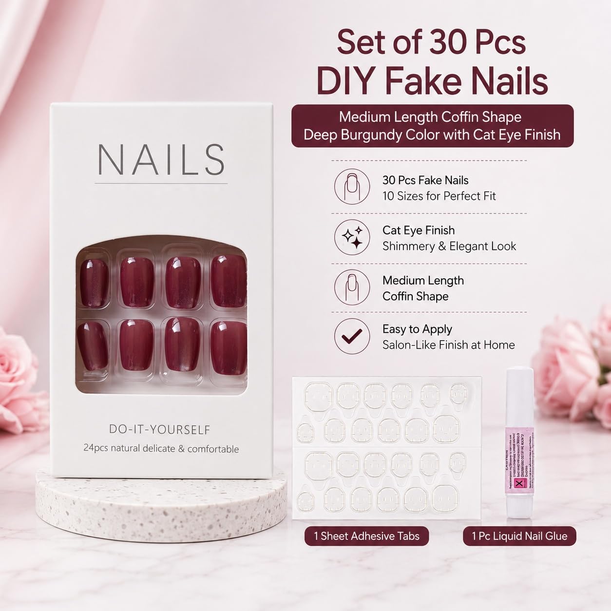 S.A.V.I Press on Nails 30 Pcs Deep Burgundy Medium Coffin | 10 Sizes, Reusable With Adhesive Tabs & Glue For Women, Salon Finish At Home