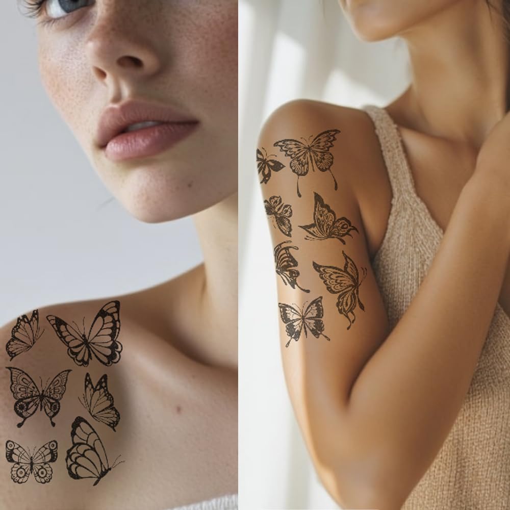 S.A.V.I 3 Sheets Large Butterfly Temporary Tattoos for Women – 21x10cm Black Waterproof, Safe & Non-Toxic Body Art Stickers – Long-Lasting Removable Shoulder, Arm & Back Designs