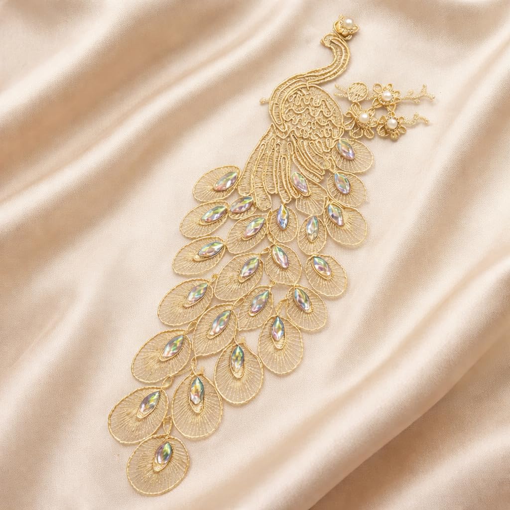 S.A.V.I Gold Peacock Embroidered Sew-On Applique 14 x 30 cm | Threadwork with Iridescent Stones | Designer Ethnic Motif for Saree, Blouse, Kurti & Gown (Right, Gold, OneSize)