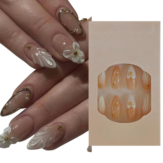 S.A.V.I 24 Pcs Long Almond Shape Press On Nails for Women | Nude & White Gloss Finish | 3D Shell Floral Design | Reusable Artificial False Nails with Glue & Adhesive Tabs