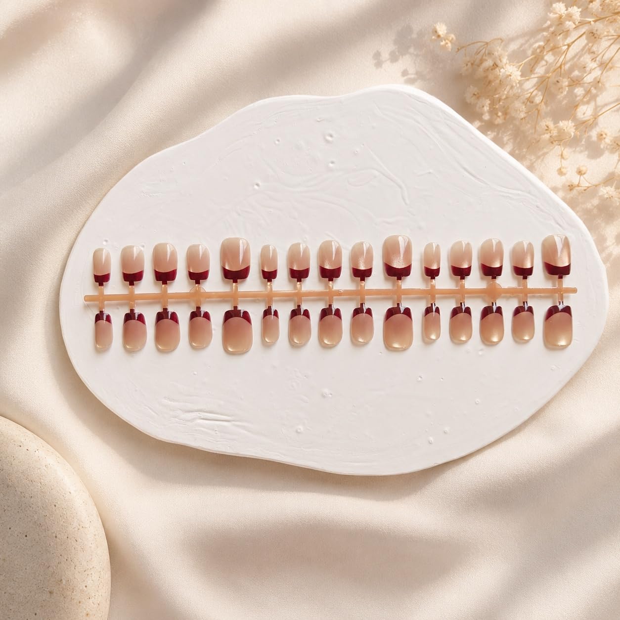 S.A.V.I Press on Nails Dark Wine Cat Eye French Tip, 30 Pcs