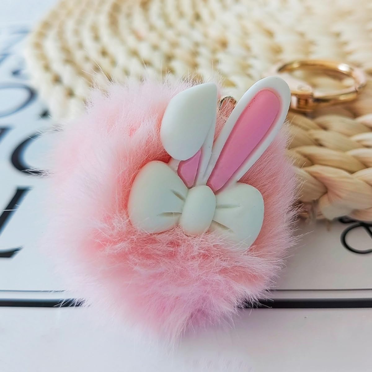 S.A.V.I Bunny Pom Pom Keychain 13 x 5 cm for Women & Girls, Fur Bag Charm, Soft Faux Fur, Pearl Accent, Gold-Tone Clasp, Pink, Kawaii Gift for Purse, Backpack & Car Keys, Lightweight Accessory