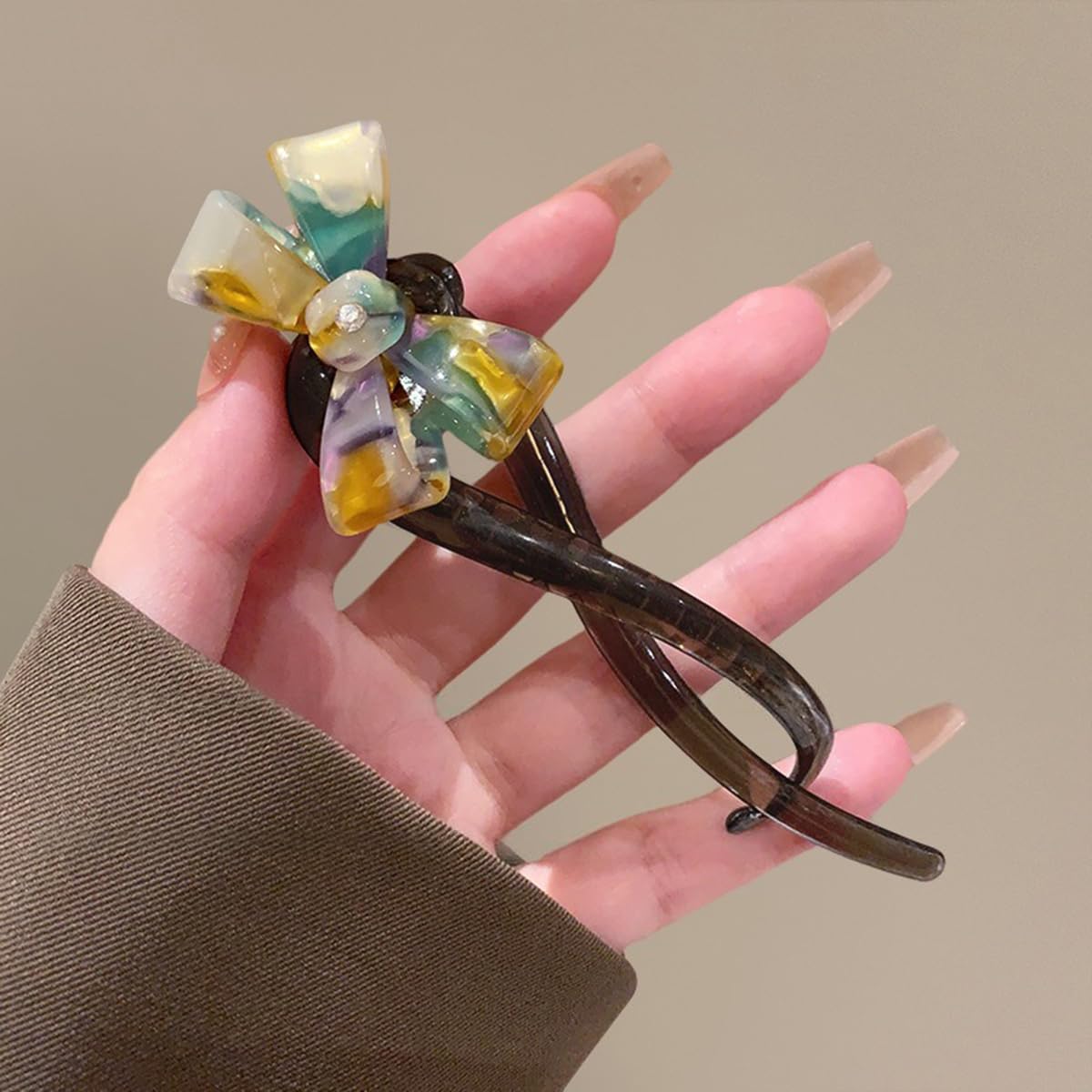 S.A.V.I Multicolor Acrylic Hair Clip for Women & Girls | Elegant Bow Design with Crystal Center | Strong Grip U-Shaped Ponytail & Bun Holder | 12cm Stylish Party & Daily Accessory