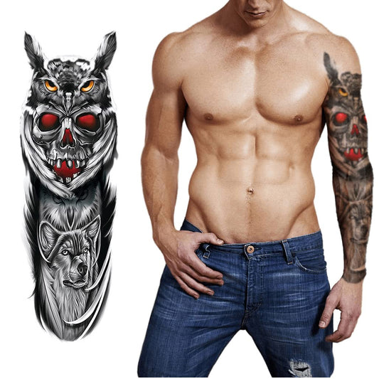 S.A.V.I Full Arm Tattoo, Angry Owl, Bloody Skull, Dog Temporary Tattoo Sticker, Size 48x17CM