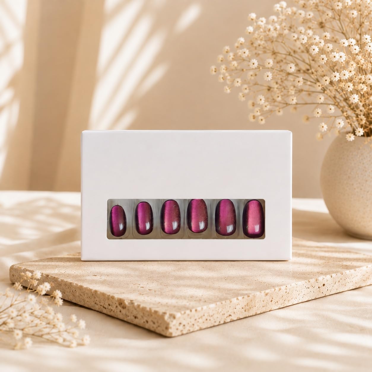 S.A.V.I Cat Eye Press on Nails Wine Burgundy Medium Round 24 Pcs