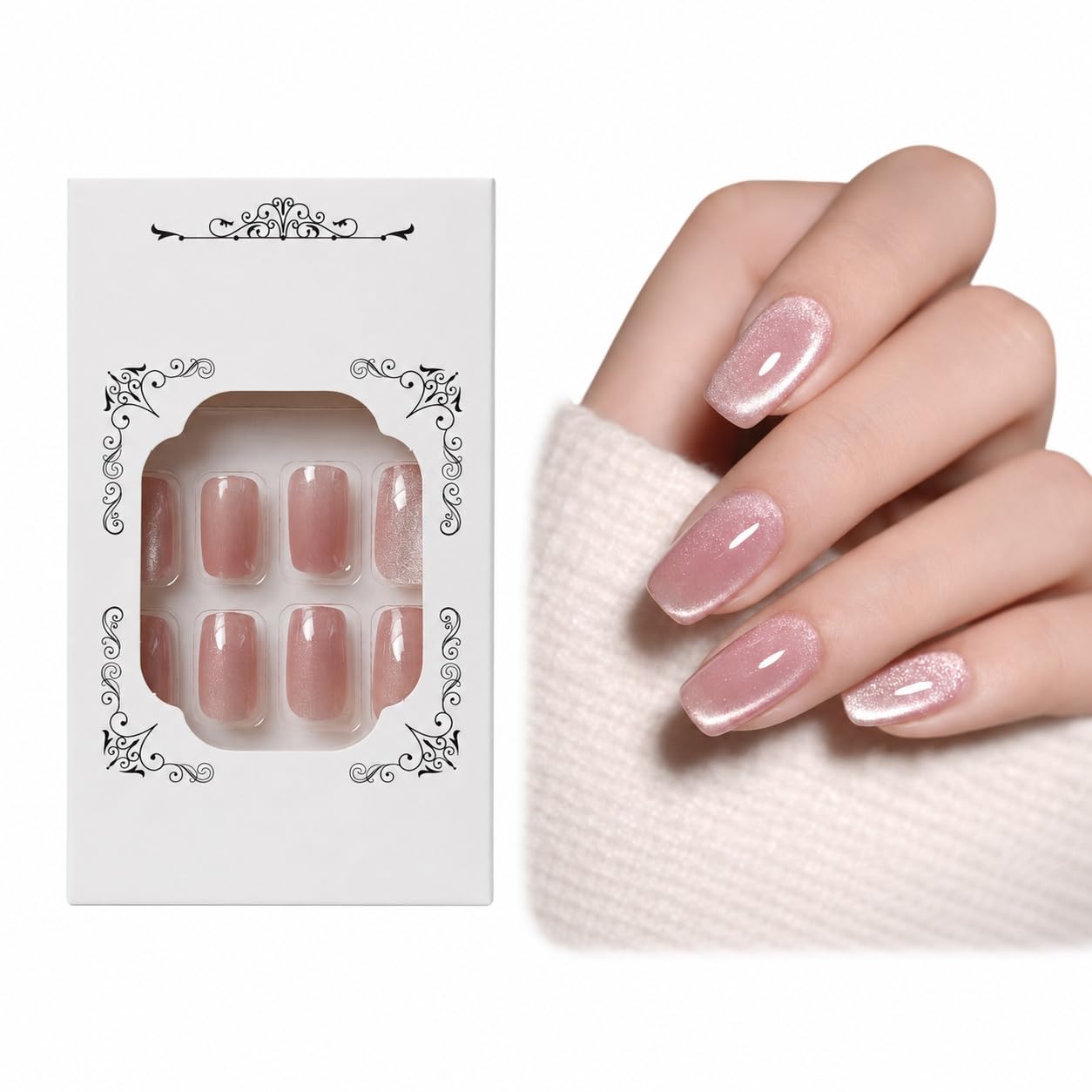 S.A.V.I Press on Nails Pink Nude Cat Eye Medium Square 24 Pcs | Reusable Glossy Artificial Fingernail Set with Glue & Adhesive Tabs, Easy DIY Manicure for Women