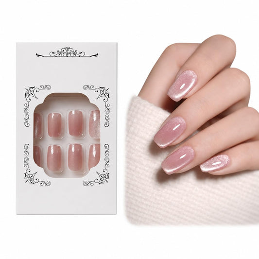 S.A.V.I Press on Nails Pink Nude Cat Eye Medium Square 24 Pcs | Reusable Glossy Artificial Fingernail Set with Glue & Adhesive Tabs, Easy DIY Manicure for Women