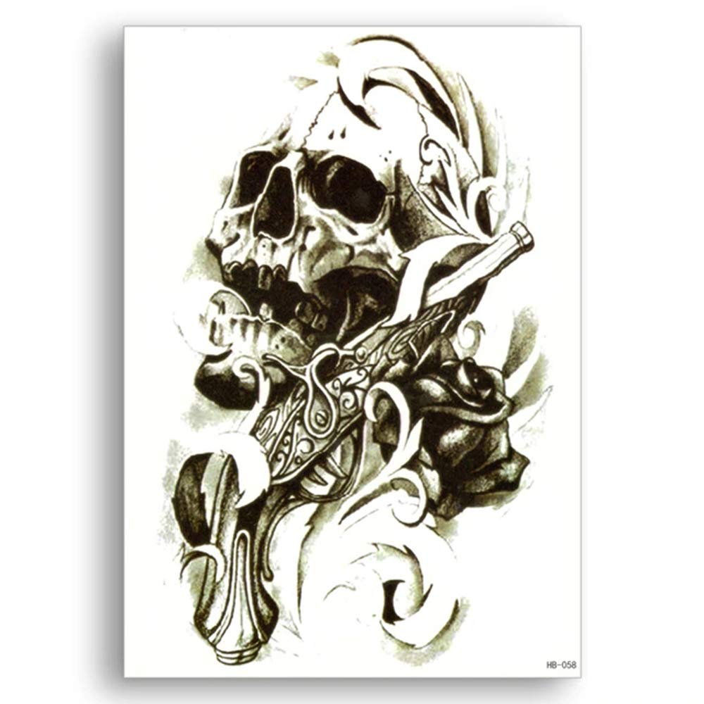 S.A.V.I Temporary Tattoo For Girls Men Women 3D Skull Cross Pink Rose Flower Sticker Size 21x15cm - 1pc. (58-1), Black