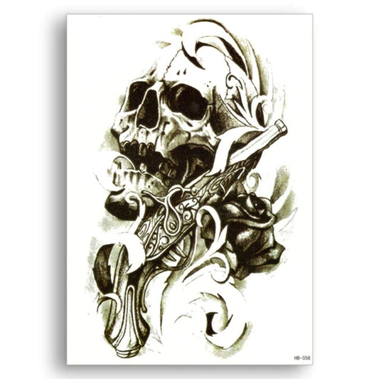 S.A.V.I Temporary Tattoo For Girls Men Women 3D Skull Cross Pink Rose Flower Sticker Size 21x15cm - 1pc. (58-1), Black