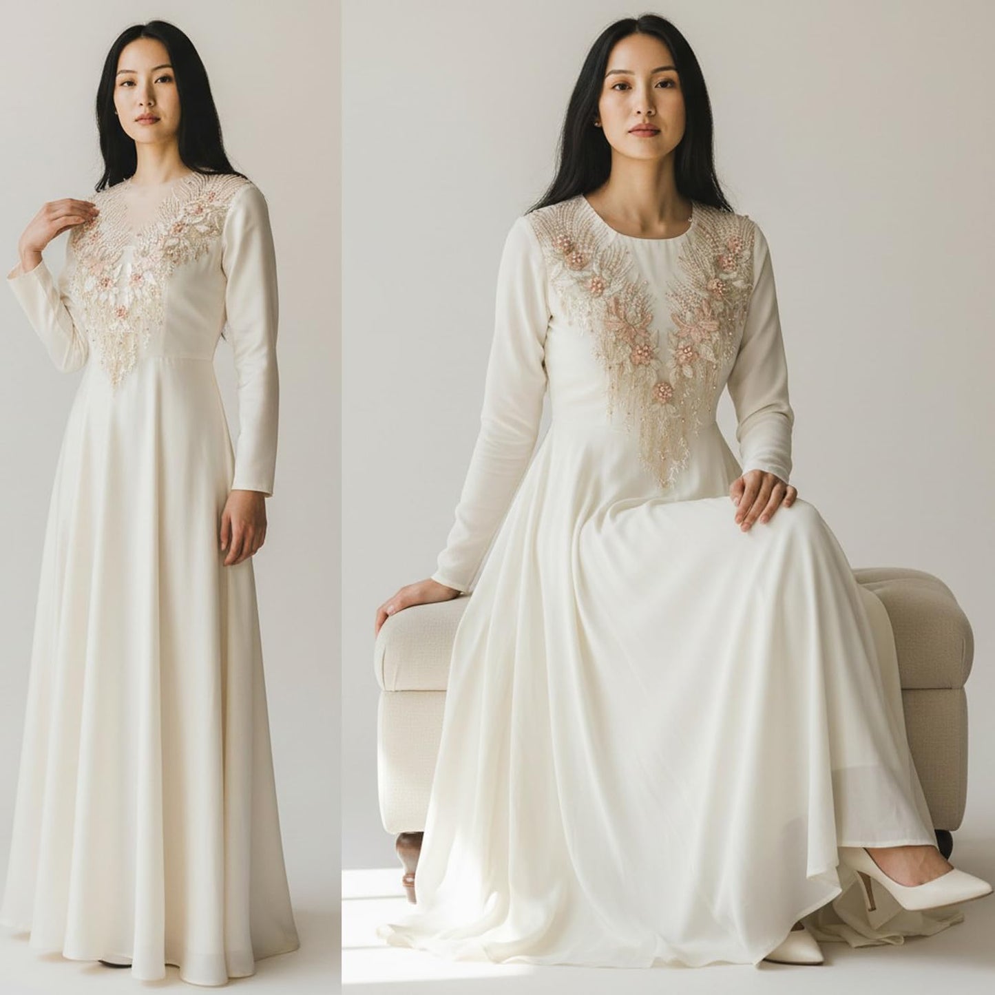 S.A.V.I Peach Apricot Floral Embroidered Applique Patch 28x55 cm, 3D Hand Beaded Pearl Sequin Net Lace V-Neck Front Yoke, Lehenga Gown Bridal Evening (Peach Apricot)