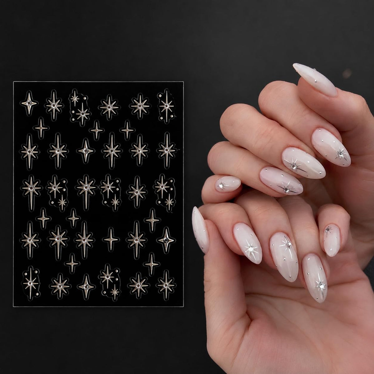 S.A.V.I 3D Star Nail Art Stickers with Rhinestones, Gold & Silver | Self Adhesive, 2 Sheets, 6 x 8 cm Each, DIY Manicure, Salon Style Finish