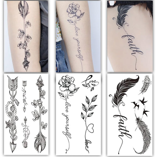 S.A.V.I 3 Pcs Black Temporary Tattoo Sheets for Women & Girls – 16x9cm Safe Non-Toxic Waterproof Body Art with Floral, Arrow & Feather Designs – Easy to Apply & Remove (07)