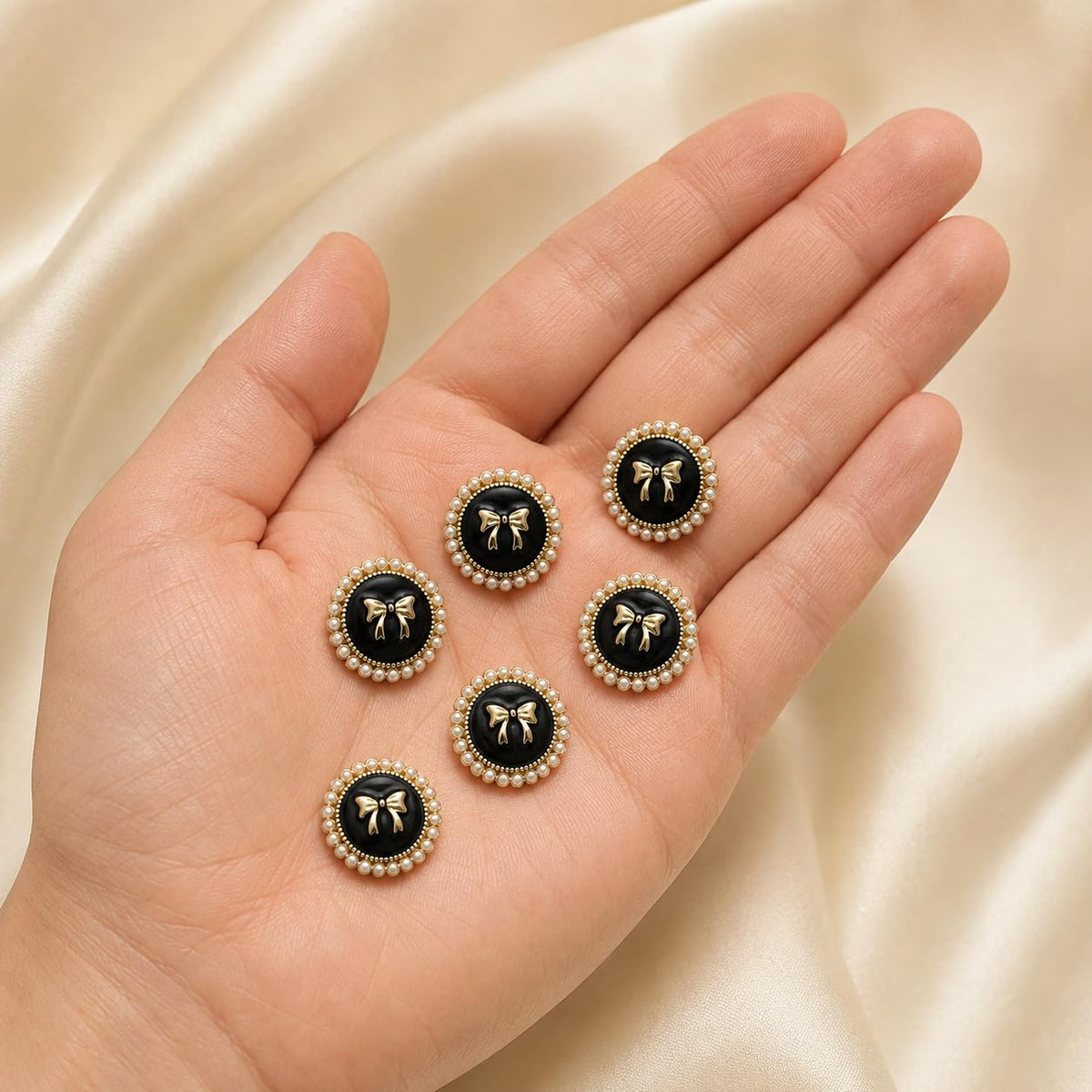 S.A.V.I Decorative Pearl Bow Shank Buttons 15mm Black & Gold | Set of 6, For Blazers & Dresses, DIY Tailoring & Crafts, Women's Fashion, For Jackets & Cardigans
