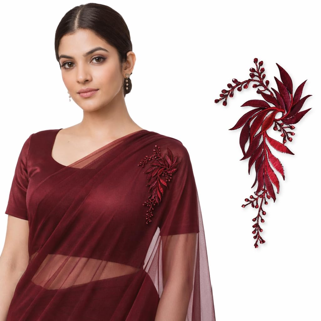 S.A.V.I Burgundy & Silver Floral Iron-On Embroidered Appliqué Patch 7.5 x 17 cm | Leaf Motif Threadwork Design for Dresses, Sarees, Blouses & DIY Fabric Craft (Left, Burgundy, 7.5 x 17 cm)