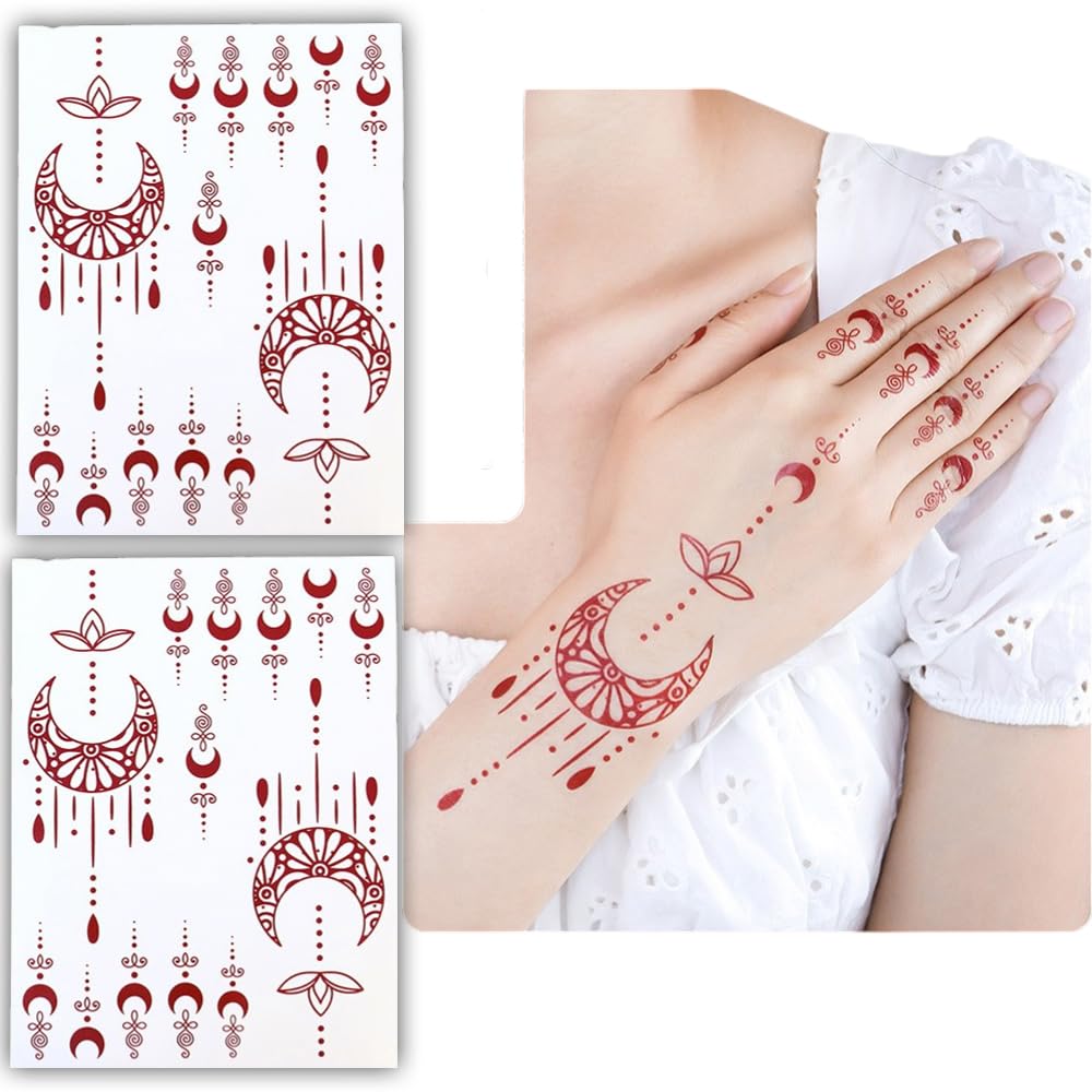 S.A.V.I 2Pcs Natural Islamic Henna Mehndi Temporary Tattoo Stickers for Women – Crescent Moon, Mosque & Mandala Design, Waterproof Skin-Safe Transfer Body Art for Eid, Nikah & Festivals (#55)