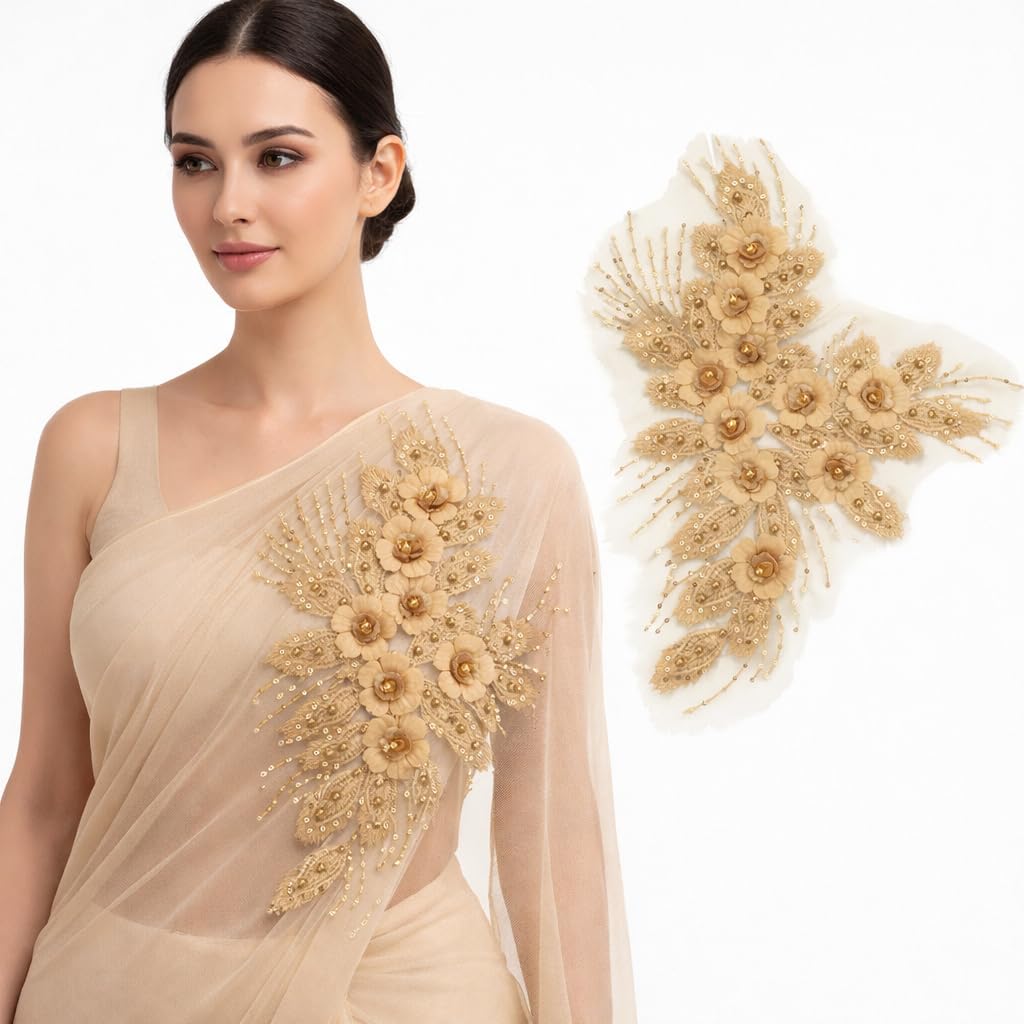 S.A.V.I 3D Gold Floral Embroidered Sew-On Applique Patch 29.9 x 38.8 cm | Beaded Sequin Mesh Motif for Bridal Lehenga Saree Blouse Gown & DIY Sewing Craft (Gold)