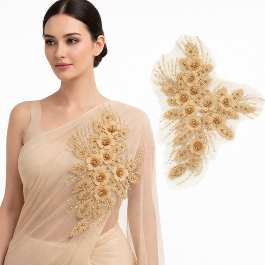 S.A.V.I 3D Gold Floral Embroidered Sew-On Applique Patch 29.9 x 38.8 cm | Beaded Sequin Mesh Motif for Bridal Lehenga Saree Blouse Gown & DIY Sewing Craft (Gold)