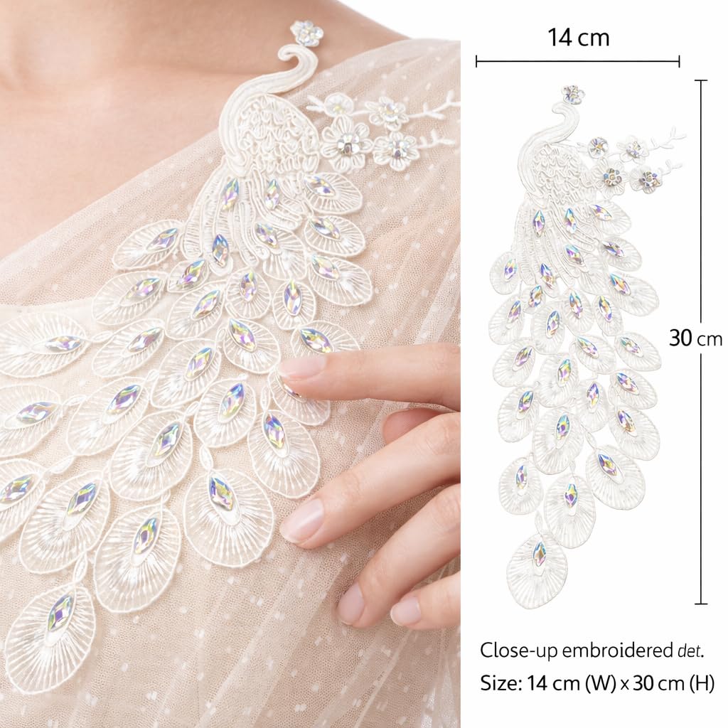 S.A.V.I White Peacock Embroidered Sew-On Applique Patch 14 x 30 cm with Crystal Stones, Net Fabric Motif for Saree, Blouse, Kurti & Gown Decoration (Right, White, OneSize)
