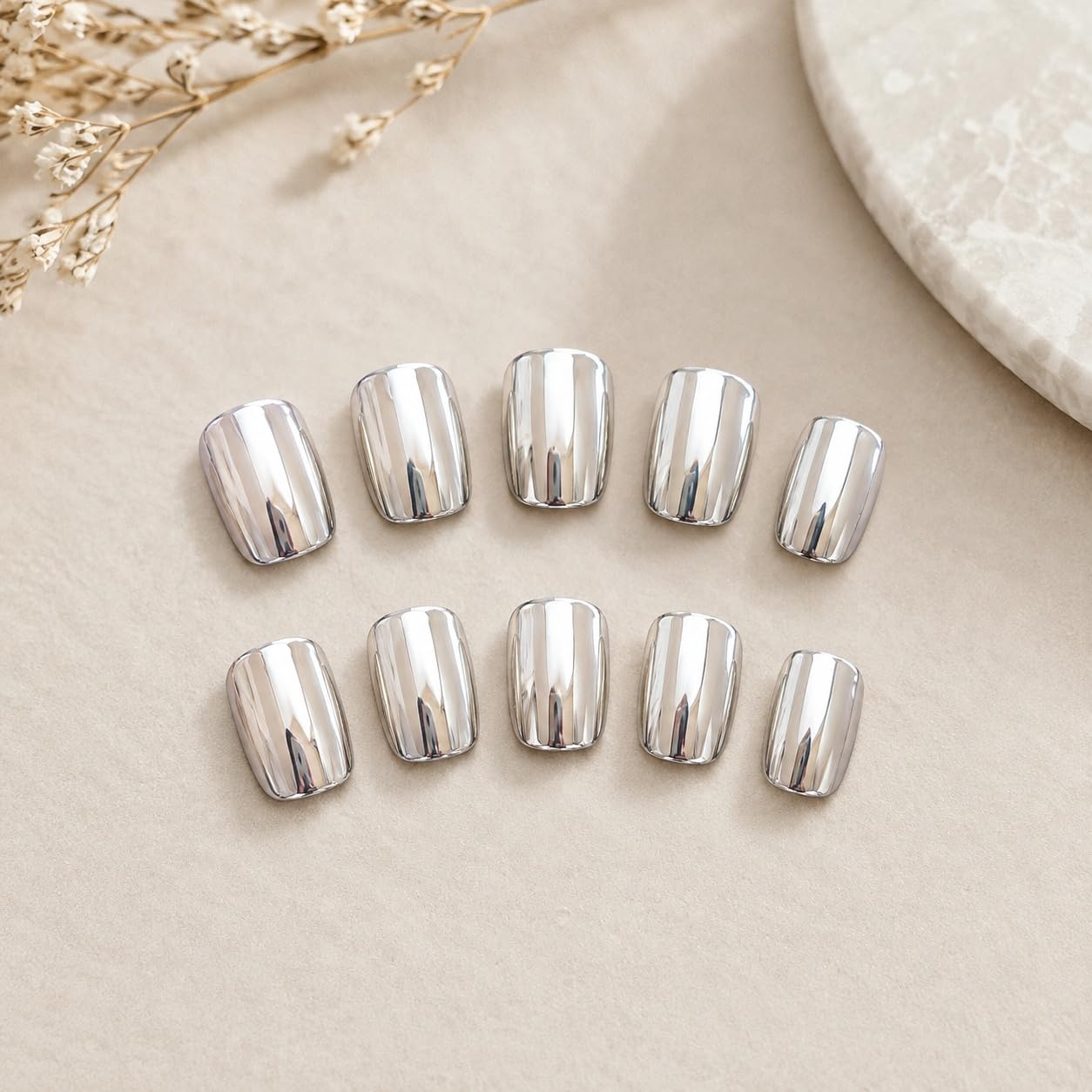 S.A.V.I Press on Nails Short Square Mirror Chrome Silver 24 Pcs