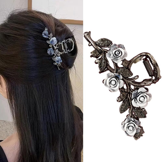 S.A.V.I Antique Rose Floral Hair Clutcher for Women & Girls | Vintage Metal Hair Clip with White Flowers | Strong Grip Hair Accessory for Daily, Parties & Weddings | 8x4 cm Elegant Design