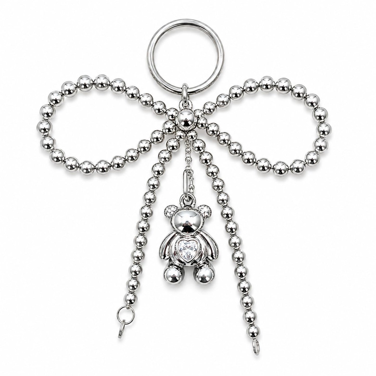 S.A.V.I Big Bow Teddy Bear Keychain for Women, Chrome Silver, Sparkling Heart Pendant, Beaded Metal Finish, Bag & Key Charm, 15 cm Length, Ideal for Girls