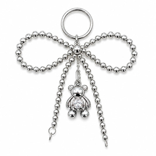 S.A.V.I Big Bow Teddy Bear Keychain for Women, Chrome Silver, Sparkling Heart Pendant, Beaded Metal Finish, Bag & Key Charm, 15 cm Length, Ideal for Girls