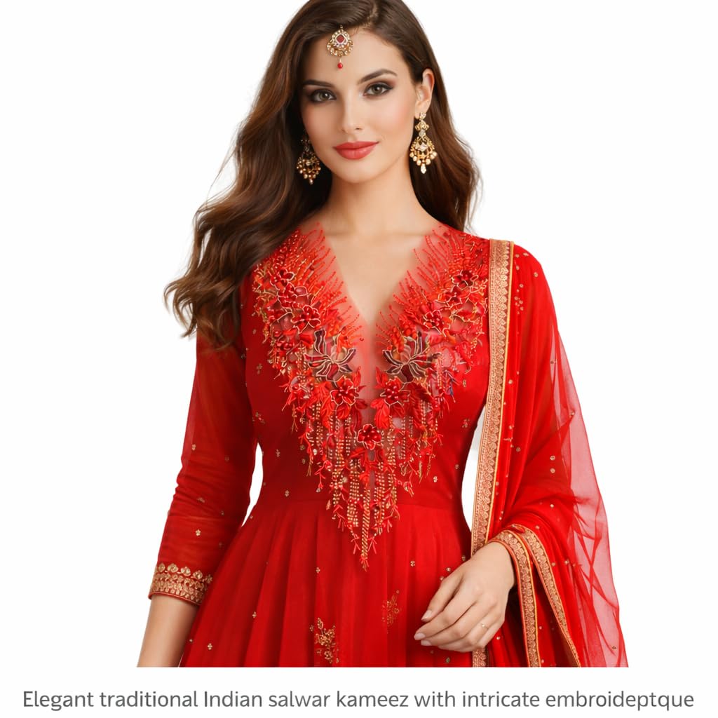 S.A.V.I Red Floral Embroidered Net Applique Patch 28 x 55 cm | V-Neck Lace Motif with Beads & Thread Work for Bridal Lehenga Gown Blouse Decoration (Red)