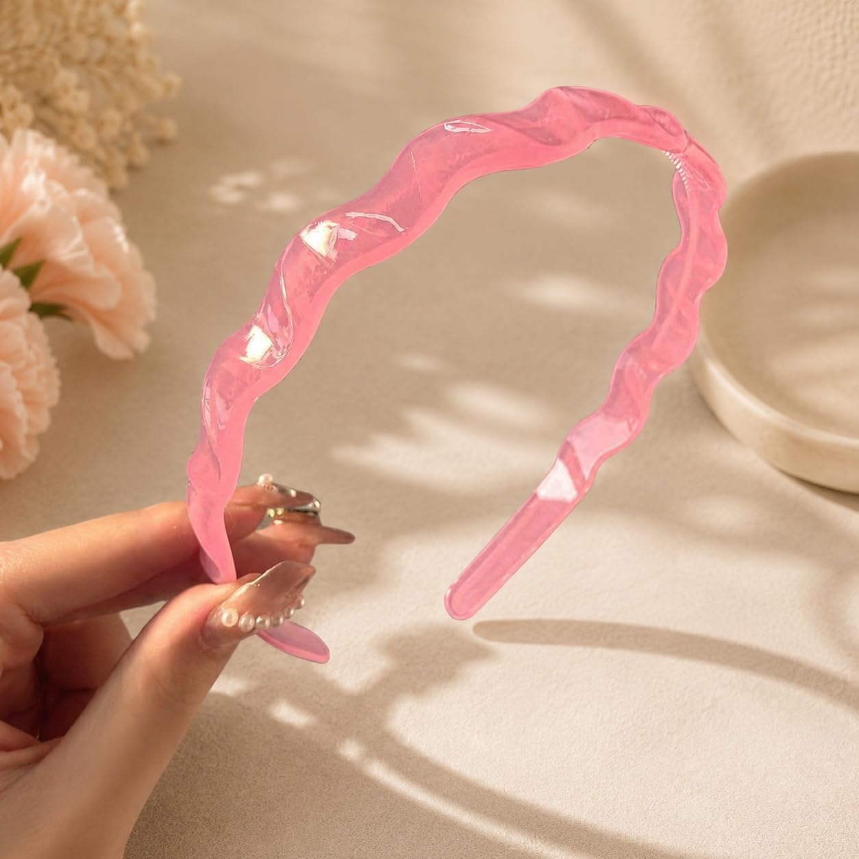 S.A.V.I Wavy Pink Resin Hair Band for Women & Girls 14 cm | Glossy Translucent Finish, Lightweight, Casual & Party, Comfortable Fit, Fashion Accessory