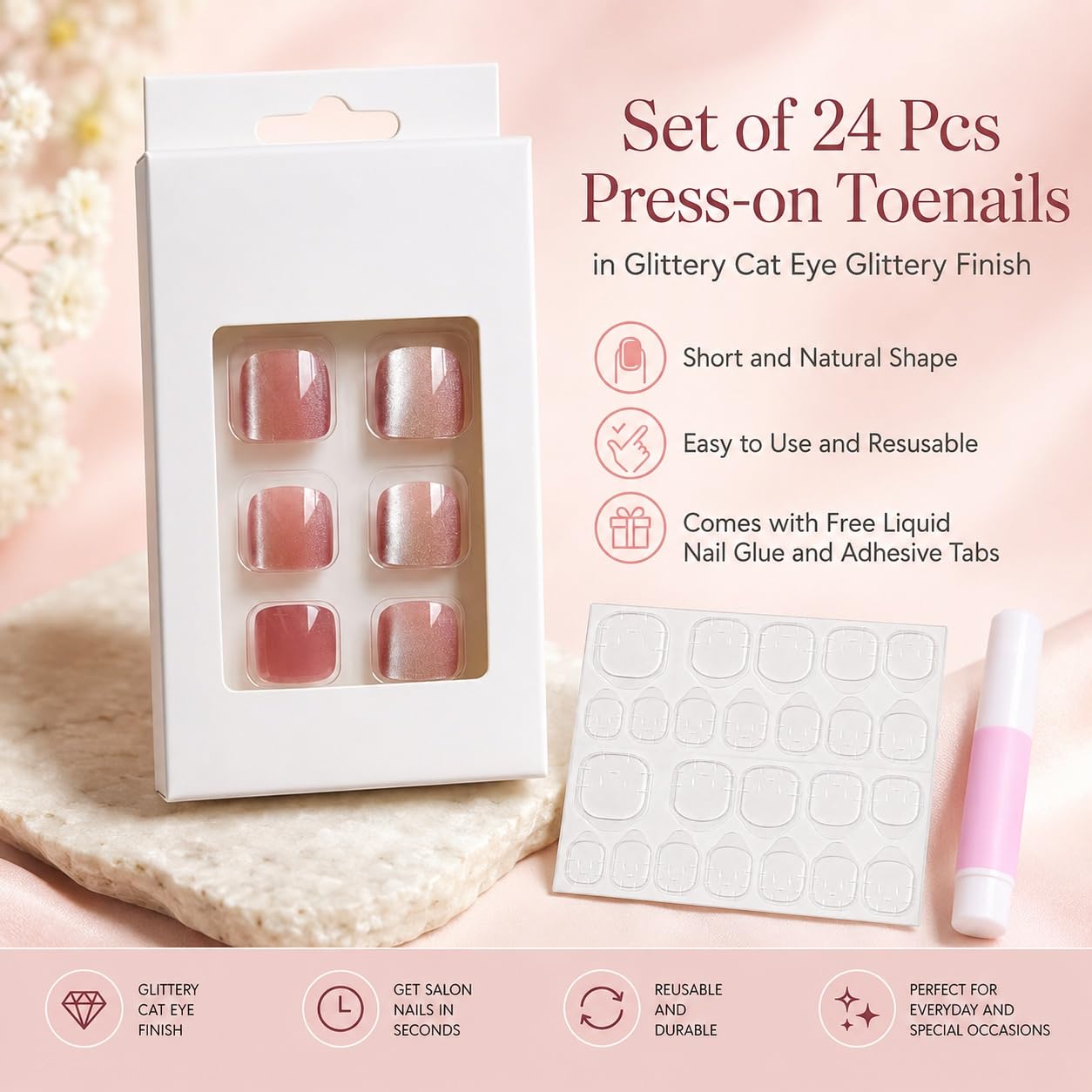 S.A.V.I Cat Eye Glitter Press on Toenails Pink Short Square 24 Pcs