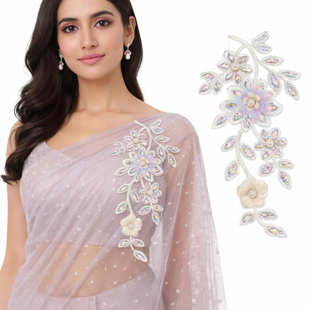 S.A.V.I Silver & Pastel Floral Sew-On Appliqué Patch, 3D Beaded Crystal Leaf Design, 14 x 27 cm Net Fabric for Saree, Kurti, Gown & Dress Decoration (Left, Silver, OneSize)