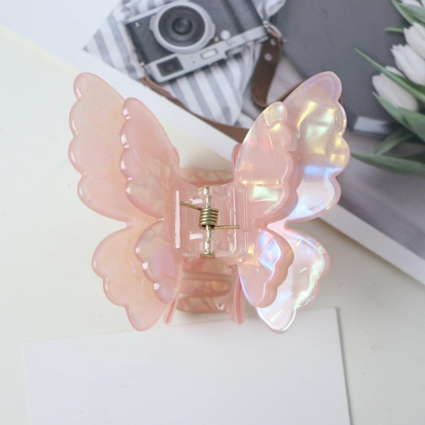 S.A.V.I Butterfly Hair Claw Clip for Women & Girls | Iridescent Mermaid Pink Acrylic Hair Clutch 7.5 cm | Strong Hold Jaw Clip | Korean Style Elegant Hair Accessory for Daily & Party